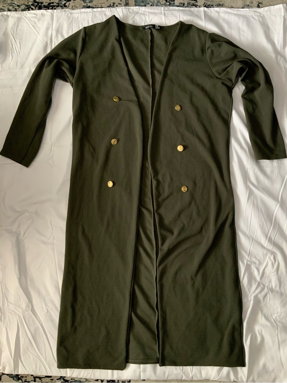 Boohoo Plus Olive Green Long Double-Breasted Trench Coat